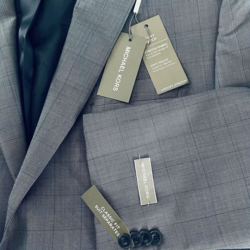 NEW Michael Kors Wool Classic Fit Wool Blend Windowpane Blazer 48R Light Blue